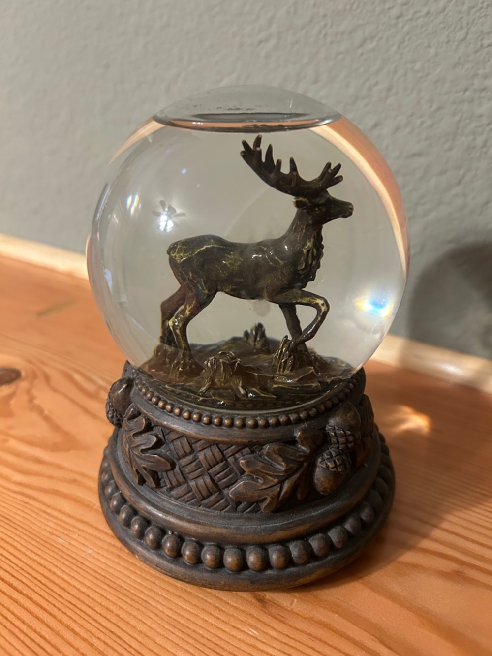 Bronze Deer Snow Globe with Ornate wood  Base Kurt Adler plays Silent Night